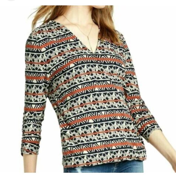 Lucky Brand Multi Colored Aztec print wrap top with 3/4 ruched sleeves - Picture 5 of 6